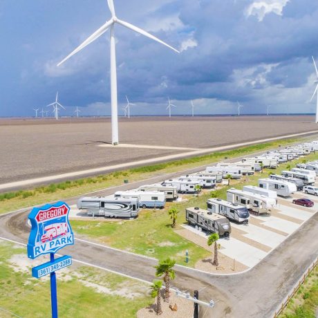 aerial view of gregory rv park with windmills